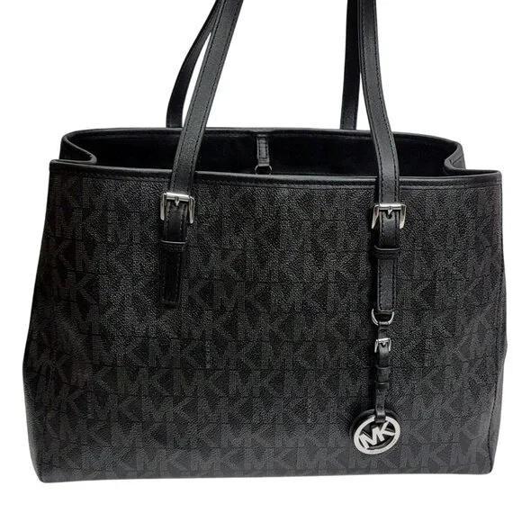 Michael Kors Tote Jet Set Signature Leather Black Silver - Picture 2 of 9
